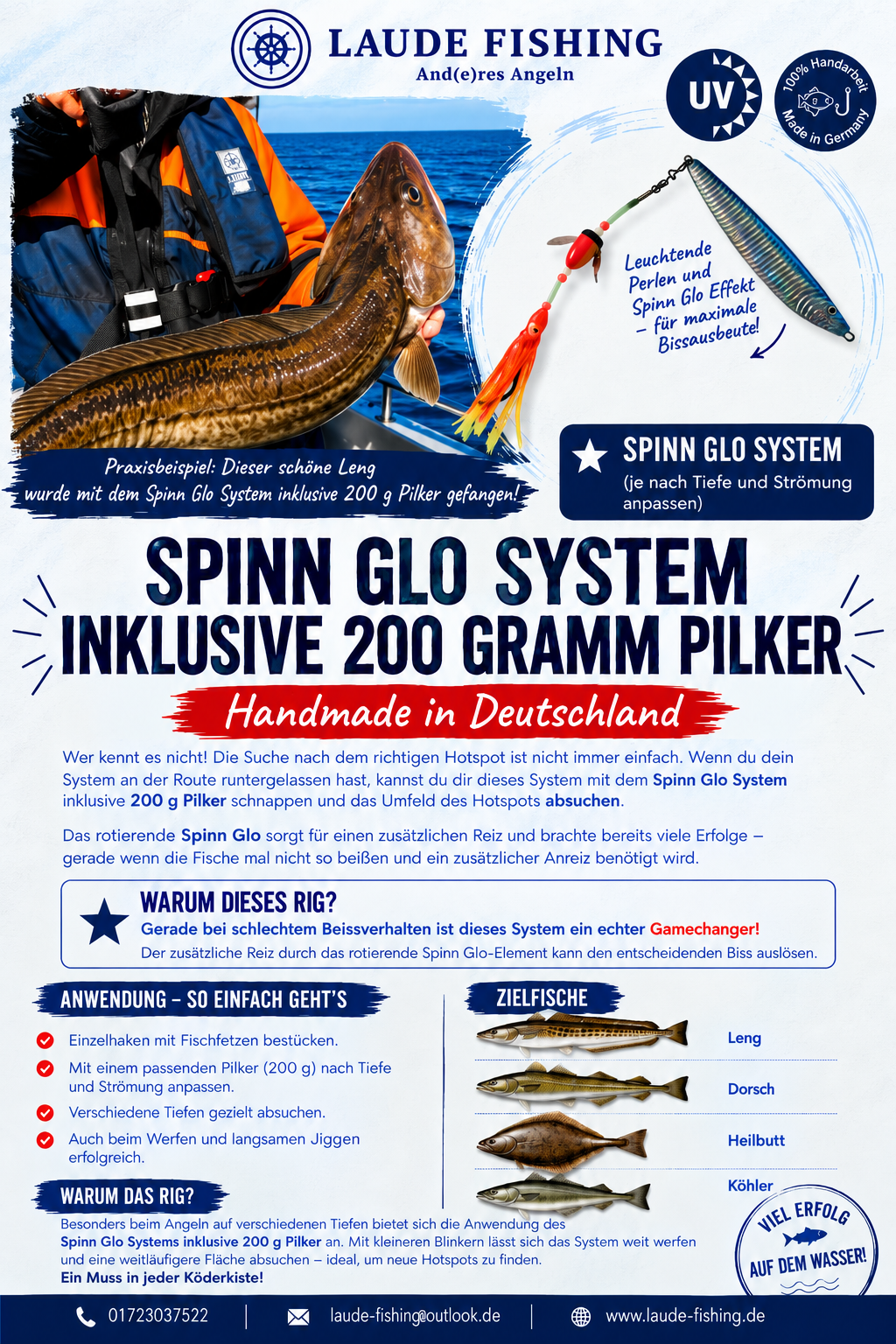 Laude-Fishing Steinbeißer- Seehecht- Leng und Co. Limited Spin n Glo System inkl. 200 Gramm Pilker – Bild 2